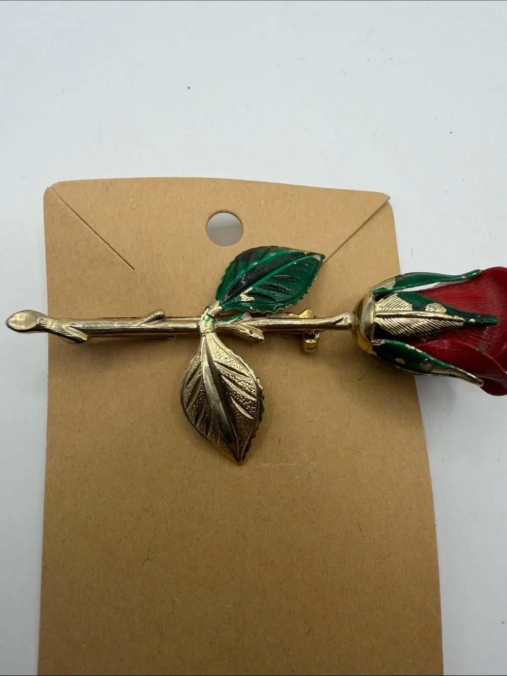 Vintage Style Red Rose Brooch Gold Tone Green Enamel Long Stem Floral Pin